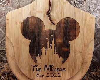 Mickey Mouse Disney Castle Ears Family Name Personalized Pizzeria Peel, Engraved Wood, House Warming, Anniversary Pizza board Est. Year Date