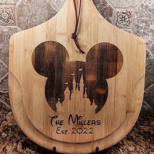 Mickey Mouse Disney Castle Ears Family Name Personalized Pizzeria Peel, Engraved Wood, House Warming, Anniversary Pizza board Est. Year Date