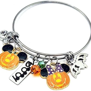 Boo Mickey and Minnie Mouse Pumpkin Halloween Party  Inspired Bangle charm Bracelet Necklace or Keychain Option To Engrave Name Personalized