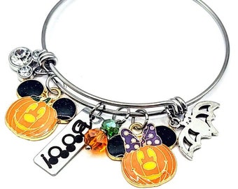 Boo Mickey and Minnie Mouse Pumpkin Halloween Party  Inspired Bangle charm Bracelet Necklace or Keychain Option To Engrave Name Personalized