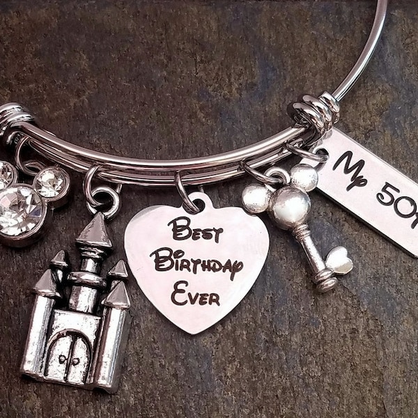 Best Birthday Ever Heart charm Disney Day Inspired  Bangle Bracelet Rhinestone Mickey, Castle, Key Charms Personalize with Birthday or Date