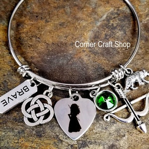 MERIDA BRAVE Movie Inspired Bangle Princess Bracelet Scottish celtic knot, Bear, Bow Arrow Charm, Green Gem Charm Inspirational Personalized