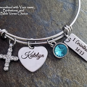 Personalized  With Your Choice Bible Verse,  Engraved Name and Birthstone Bangle Charm Bracelet Rhinestone Cross Christian religious Jewelry