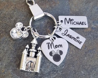 Personalized Mom Minnie Mouse Inspired Charm Keychain Castle  Disney Mom Customized  w/ Child Childrens Names Tag Mother's Day Christmas