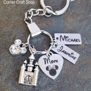 Personalized Mom Minnie Mouse Inspired Charm Keychain Castle  Disney Mom Customized  w/ Child Childrens Names Tag Mother's Day Christmas