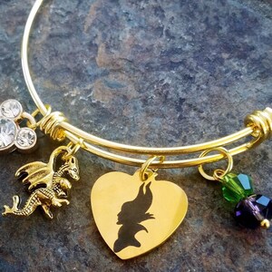 Maleficent Sleeping Beauty Inspired Dragon Charm Princess Villain Necklace Witch w Purple Gem option to personalize engraved name on back
