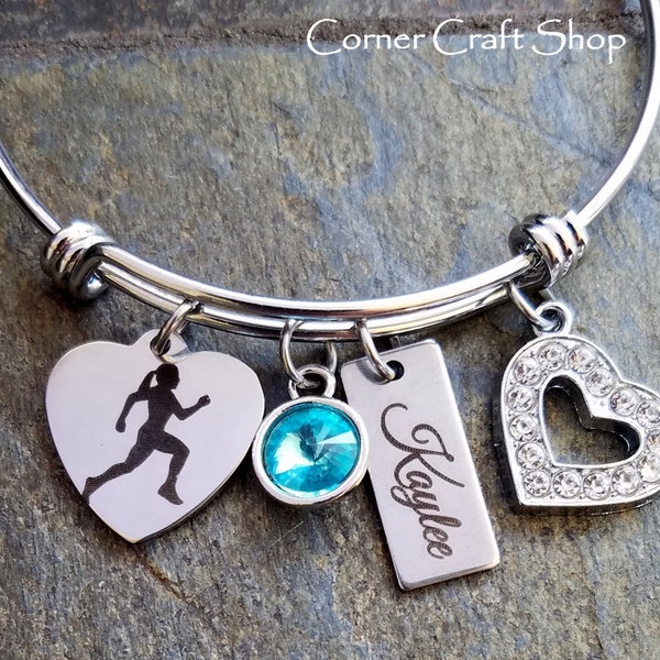 Girls Track Cross Country Personalized Engraved Name and Birthstone Bangle Bracelet w/ Rhinestone heart Option to Engrave message on back