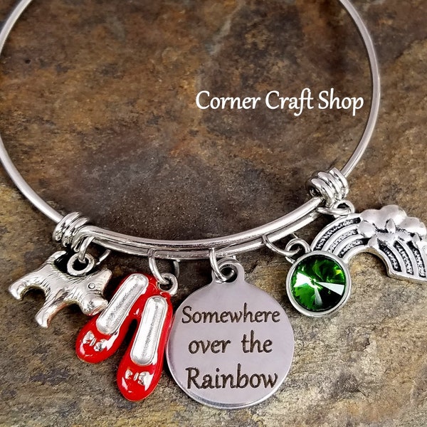 WIZARD OF OZ Somewhere Over The Rainbow Dorothy Toto Movie Themed Inspired Bangle Charm Bracelet Emerald City Green Gem Rainbow, Dog Charms
