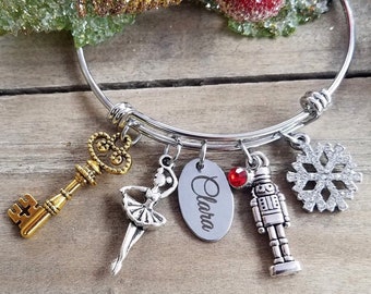 The Nutcracker and The Four Realms Clara Charm Bangle Bracelet Disney Movie Inspired Rhinestone Snowflake, Gold Key Ballerina Personalized