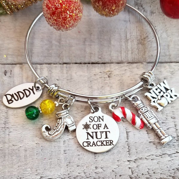 SON OF A NUTCRACKER Elf Movie Inspired Charm Silver Bangle Bracelet New York, Buddy Elf Shoe, Candy Cane, Yellow Green Beads Personalized