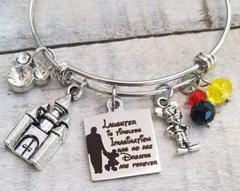 Laughter is Timeless Imagination has no age Dreams are Forever Walt Disney Quote Inspirational Charm Bangle Bracelet Castle Mickey Mouse