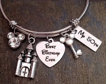 Best Birthday Ever Heart charm Disney Day Inspired  Bangle Bracelet Rhinestone Mickey, Castle, Key Charms Personalize with Birthday or Date