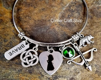 MERIDA BRAVE Movie Inspired Bangle Princess Bracelet Scottish celtic knot, Bear, Bow Arrow Charm, Green Gem Charm Inspirational Personalized