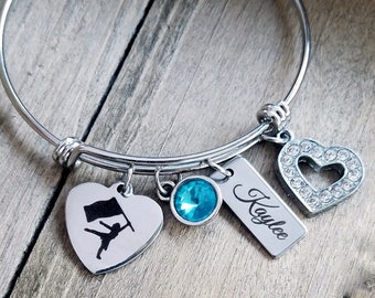 Color Guard Flags Band Gift  Personalized Engraved Name and Birthstone Bangle Bracelet w/ Rhinestone heart Option to Engrave message on back