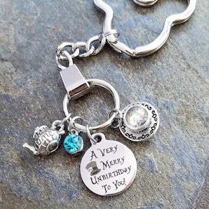 Personalized A Very Merry Unbirthday To You Alice Wonderland Mad Tea Cup Disney Ride Inspired Teapot Charm keychain keyring