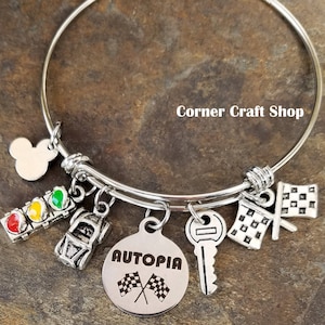 AUTOPIA CARS Disney Ride Inspired Bangle Bracelet Key, Race Flag, Traffic Stop light, Mickey mouse Head Charm Tomorrowland
