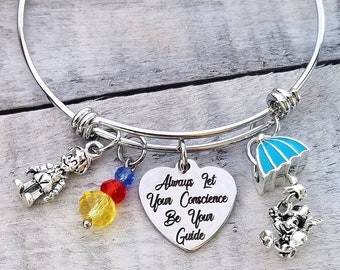 Pinocchio Jiminy Cricket song Inspired  "Always Let Your Conscience Be Your Guide " Quote Bangle Bracelet Graduation GIft Personalized Name