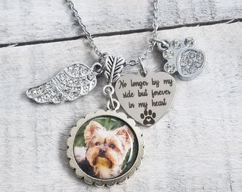 No longer by my side but forever in my heart Photo Charm Necklace Dog Cat Pet Memorial Keepsake, In Memory of, Loss of Pet Personalized Name