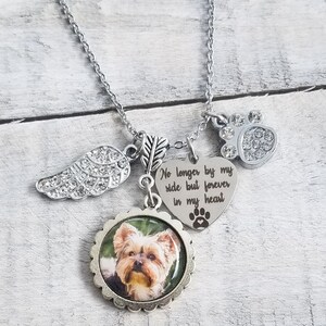 No longer by my side but forever in my heart Photo Charm Necklace Dog Cat Pet Memorial Keepsake, In Memory of, Loss of Pet Personalized Name