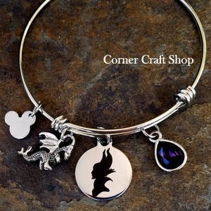 Maleficent Sleeping Beauty Inspired Dragon Charm Princess Villain Bangle Bracelet Witch w/ Purple Gem  option to personalize engraved name