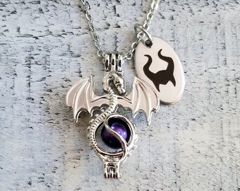 Maleficent Sleeping Beauty Inspired Dragon Charm Princess Villain Necklace Witch w Purple Gem option to personalize engraved name on back