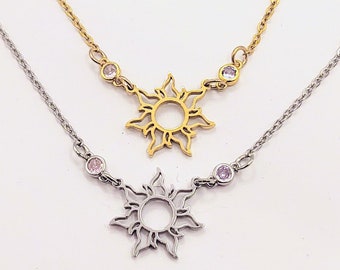 Tangled Princess Rapunzel Sun Necklace Layering Jewelry Gold, Stainless Steel Disney inspired Celestial Pink Purple Gemstones Park Cosplay