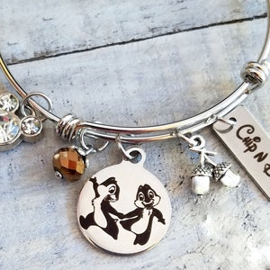 Chip  n' Dale Chipmunks Disney Inspired Charm  Silver Bangle Bracelet Acorns Bead Mickey Mouse Charm Option to personalize