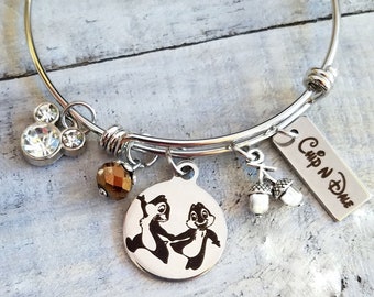 Chip  n' Dale Chipmunks Disney Inspired Charm  Silver Bangle Bracelet Acorns Bead Mickey Mouse Charm Option to personalize