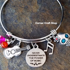 CoCo Never Underestimate the Power of Music Movie Inspired Bangle Charm Bracelet Music Note Skull Dia De Los Muertos Guitar Custom Name