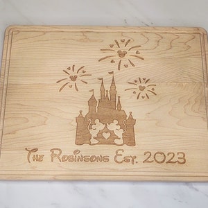 Disney Castle fireworks Kissing Mickey Minnie Engraved Maple Wood Cutting board Personalized Name Date Wedding Anniversary Engagement Couple