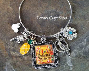 Disney Enchanted Tiki Room Inspired Stainless Steel BANGLE CHARM BRACELET Birds Pineapple Flower