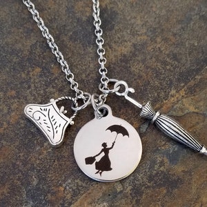 Mary Poppins charm Disney Movie Inspired Necklace Fan Umbrella Bag Purse Charm Option to Personalize Your name engraved