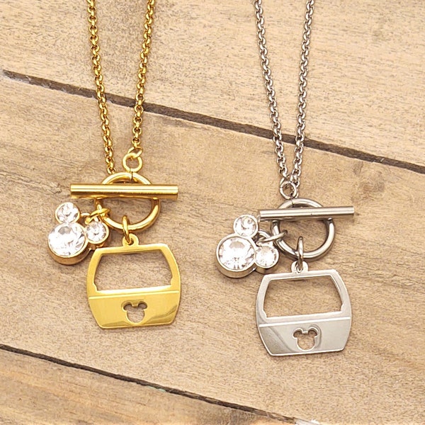 Skyliner Gondola Skyway Ride Mickey Mouse Head Disney WDW Transportation Charm Tag Necklace w/ Toggle Clasp Gold, Stainless Steel Silver