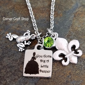 You Gotta DIg a Little Deeper Song TIANA Princess and the Frog Inspired Charm Necklace Crown Fleur de lis Option to personalize your name