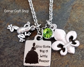 You Gotta DIg a Little Deeper Song TIANA Princess and the Frog Inspired Charm Necklace Crown Fleur de lis Option to personalize your name
