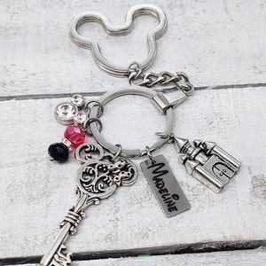 Key to the Magic Kingdom Disney Castle Inspired Themed Charm Mickey Mouse Keychain  Mickey Ears Charm Key chain red black beads