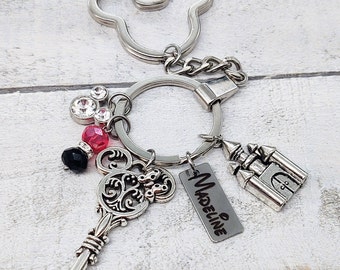 Key to the Magic Kingdom Disney Castle Inspired Themed Charm Mickey Mouse Keychain  Mickey Ears Charm Key chain red black beads