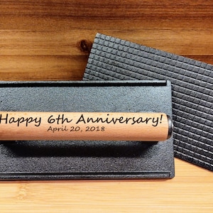 Happy 6 Year Anniversary date year Personalized Custom Name Cast Iron Burger Bacon Steak Weight Engraved Meat Press Gift for BBQ