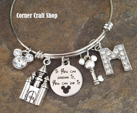 If You Can Dream it, You Can Do it Walt Disney Quote Inspirational Charm  Bangle Bracelet Personalized Initial Magic Kingdom Key Castle