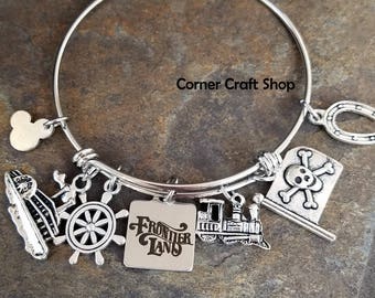 Frontier Land Disney Ride Inspired Charm Bracelet Train, Ship Wheel, Horseshoe, Pirate Flag , Riverboat, Sailing Ship  Railroad Personalized