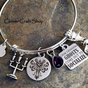 Grim Grinning Ghosts Come Out To Socialize Haunted Mansion Disney Ride Charm Bangle Bracelet Bat, Candle Charm Personalized name jewelry