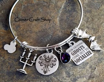 Grim Grinning Ghosts Come Out To Socialize Haunted Mansion Disney Ride Charm Bangle Bracelet Bat, Candle Charm Personalized name jewelry