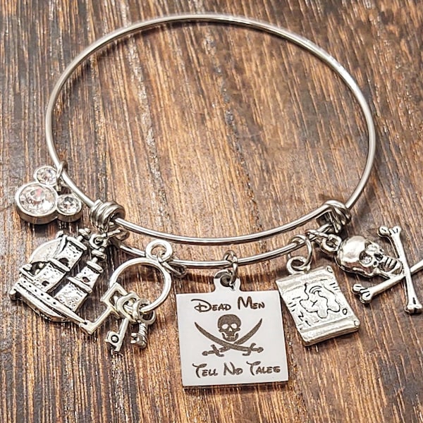 Pirates of the Caribbean Ride Inspired BANGLE  CHARM BRACELET Davy Jones Map Ship Jolly Roger Dead Men tell No Tales Personalized Name