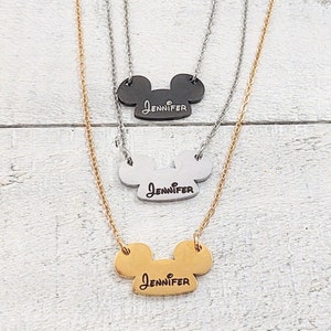 Personalized Name Mickey Mouse Ears Park Hat Inspired Charm Necklace, Minimalist Jewelry,  Gold, Black, Stainless Steel Dainty Necklace