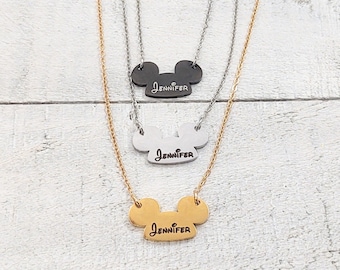 Personalized Name Mickey Mouse Ears Park Hat Inspired Charm Necklace, Minimalist Jewelry,  Gold, Black, Stainless Steel Dainty Necklace
