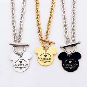 Please Return To Mickey & Co Engraved Mouse Ears Stainless Charm Link Necklace Toggle Clasp Fan Gift Personalized Name Gold, Black, Silver imagem 2