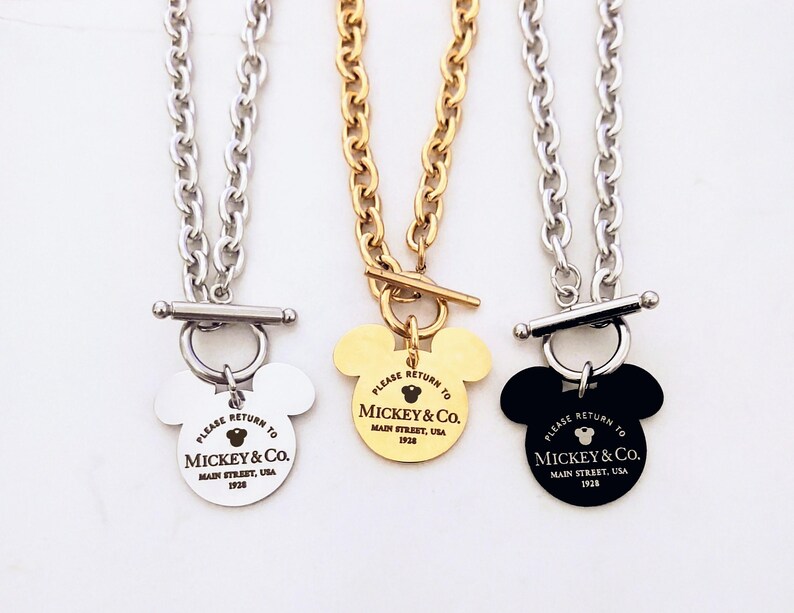 Please Return To Mickey & Co Engraved Mouse Ears Stainless Charm Link Necklace Toggle Clasp Fan Gift Personalized Name Gold, Black, Silver imagem 2