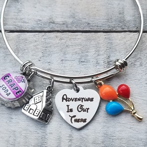 UP Adventure Is Out There Disney Movie Inspired Silver Bangle Bracelet with mini bottle cap Grape Soda Charm House Charm with Balloons Charm image 1