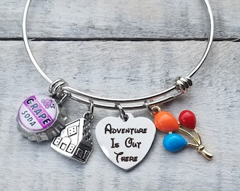 UP Adventure Is Out There Disney Movie Inspired Silver Bangle Bracelet with mini bottle cap Grape Soda Charm House Charm with Balloons Charm