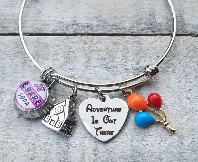 UP Adventure Is Out There Disney Movie Inspired Silver Bangle Bracelet with mini bottle cap Grape Soda Charm House Charm with Balloons Charm image 1